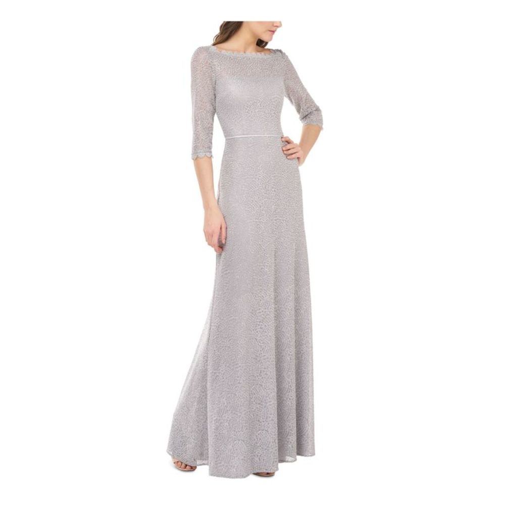 JS COLLECTION Womens Silver 3/4 Sleeve Full-Length Formal Gown Dress 14